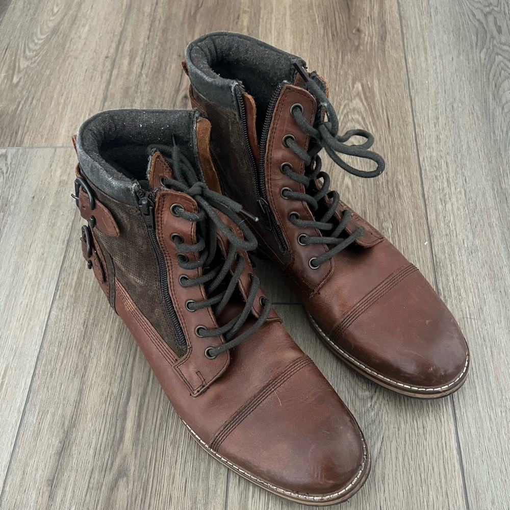 Crown Vintage Brown Brandon Double Buckle Zipper Ankle Leather Boots